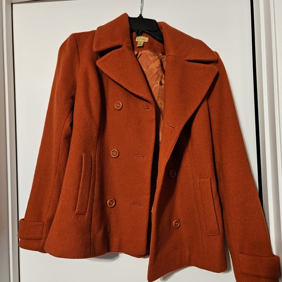Caslon Women's Double-Breasted Rust Pea Coat 100% Wool Made In USA - Picture 1 of 5